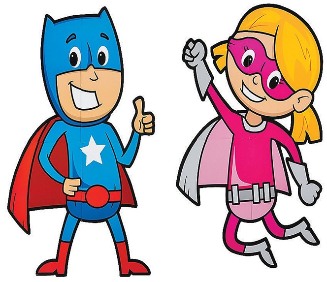 A female super hero in a pink outfit and a male super hero in a red, white and blue outfit. 