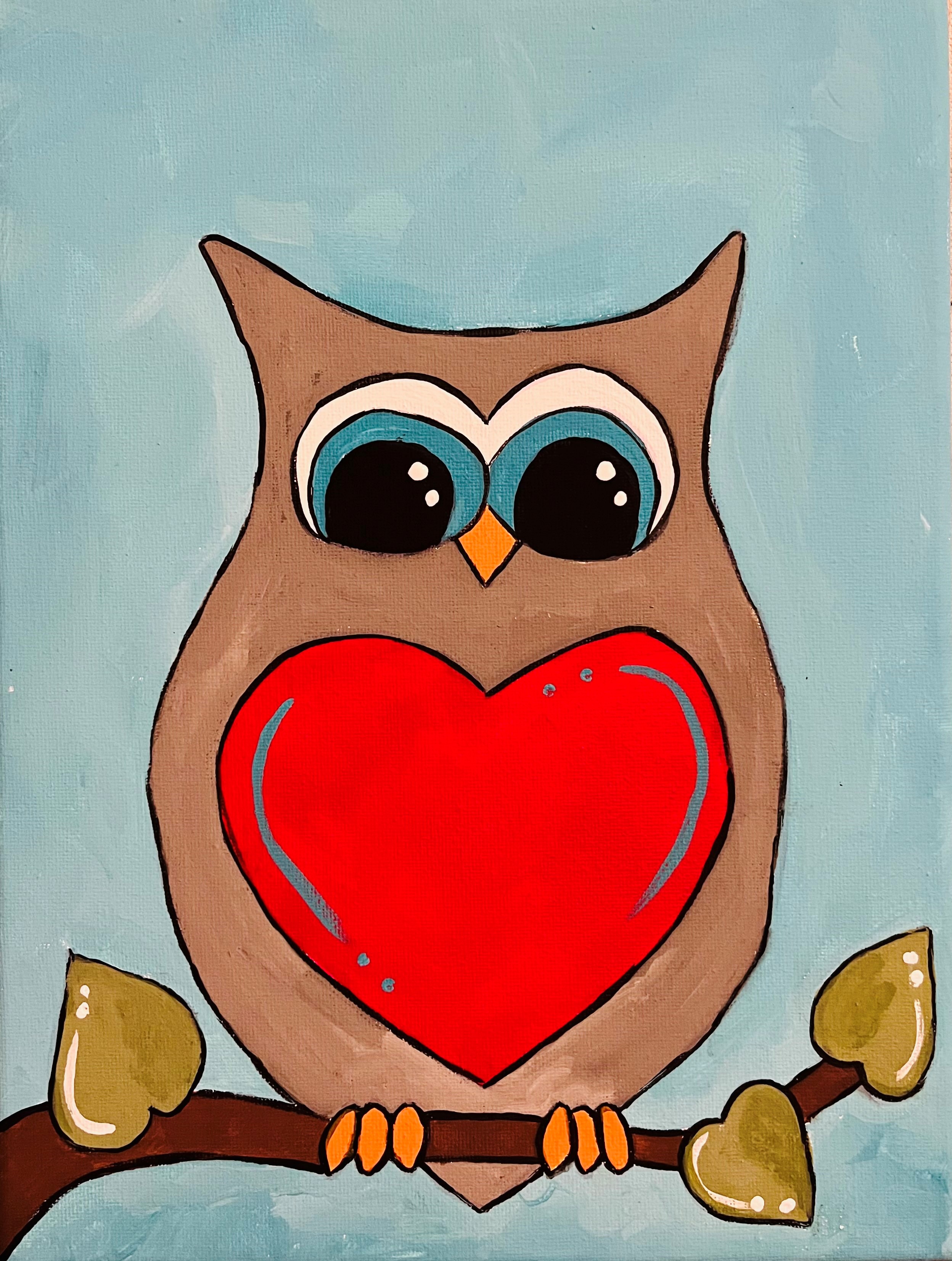 Canvas with a brown owl painted in acrylics. The owl is sitting on a leafy branch. The owl has a big, red heart on it's belly.