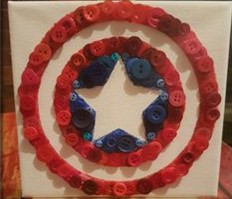 Red and blue buttons in a circle on white canvas with a star in the middle. 
