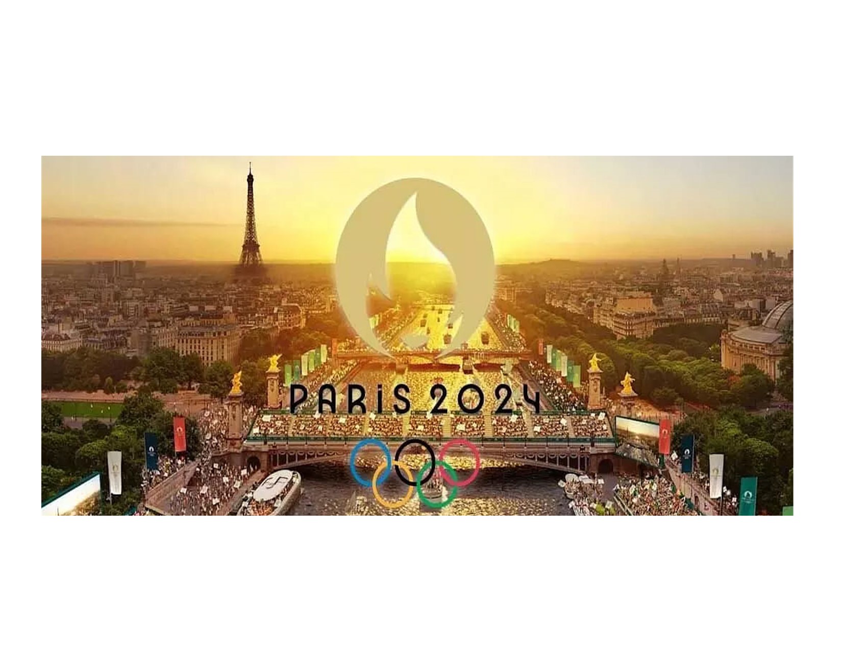 view of Paris with Olympic rings and flame