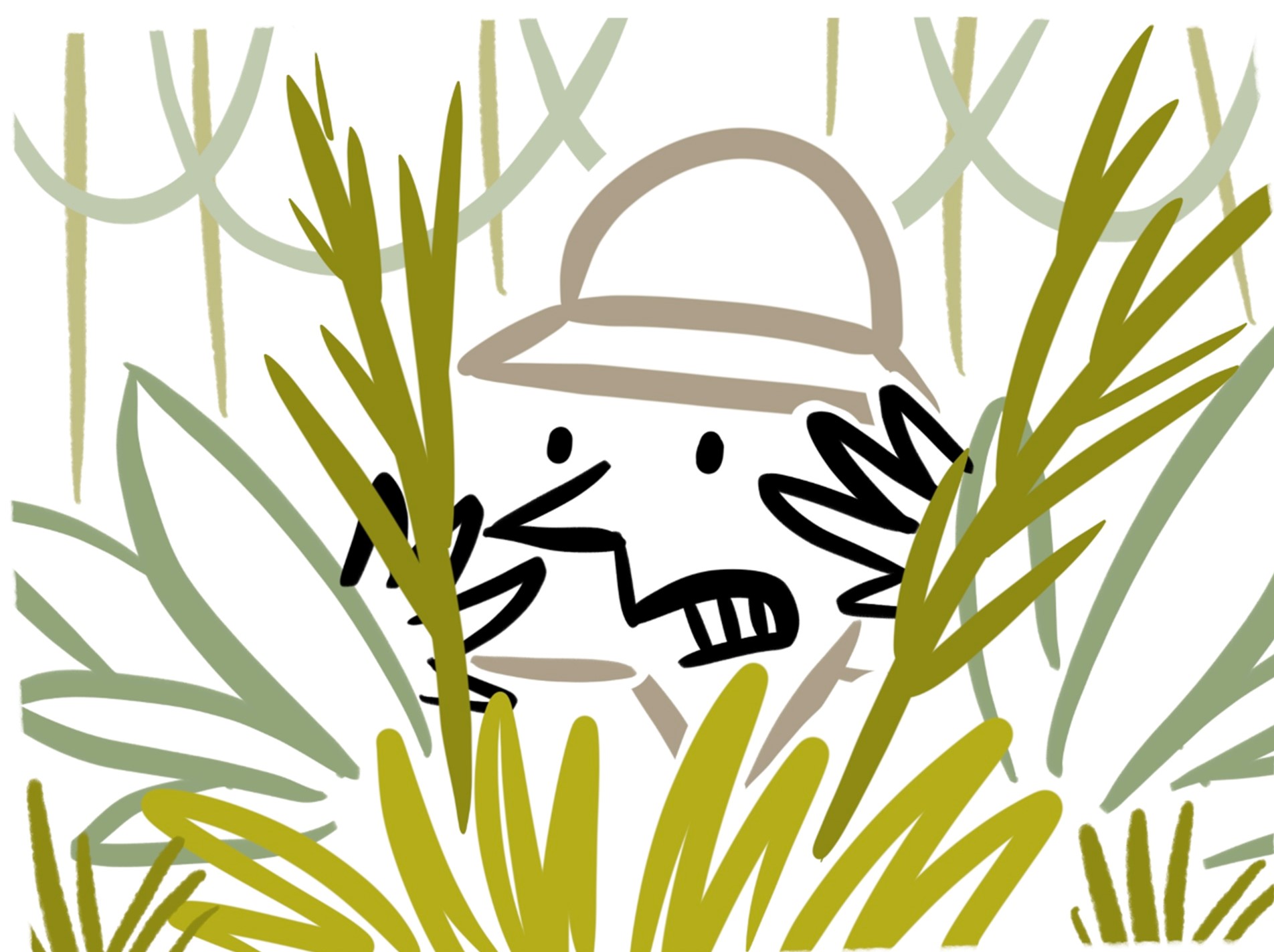 Man in a safari hat peering through long grass. 