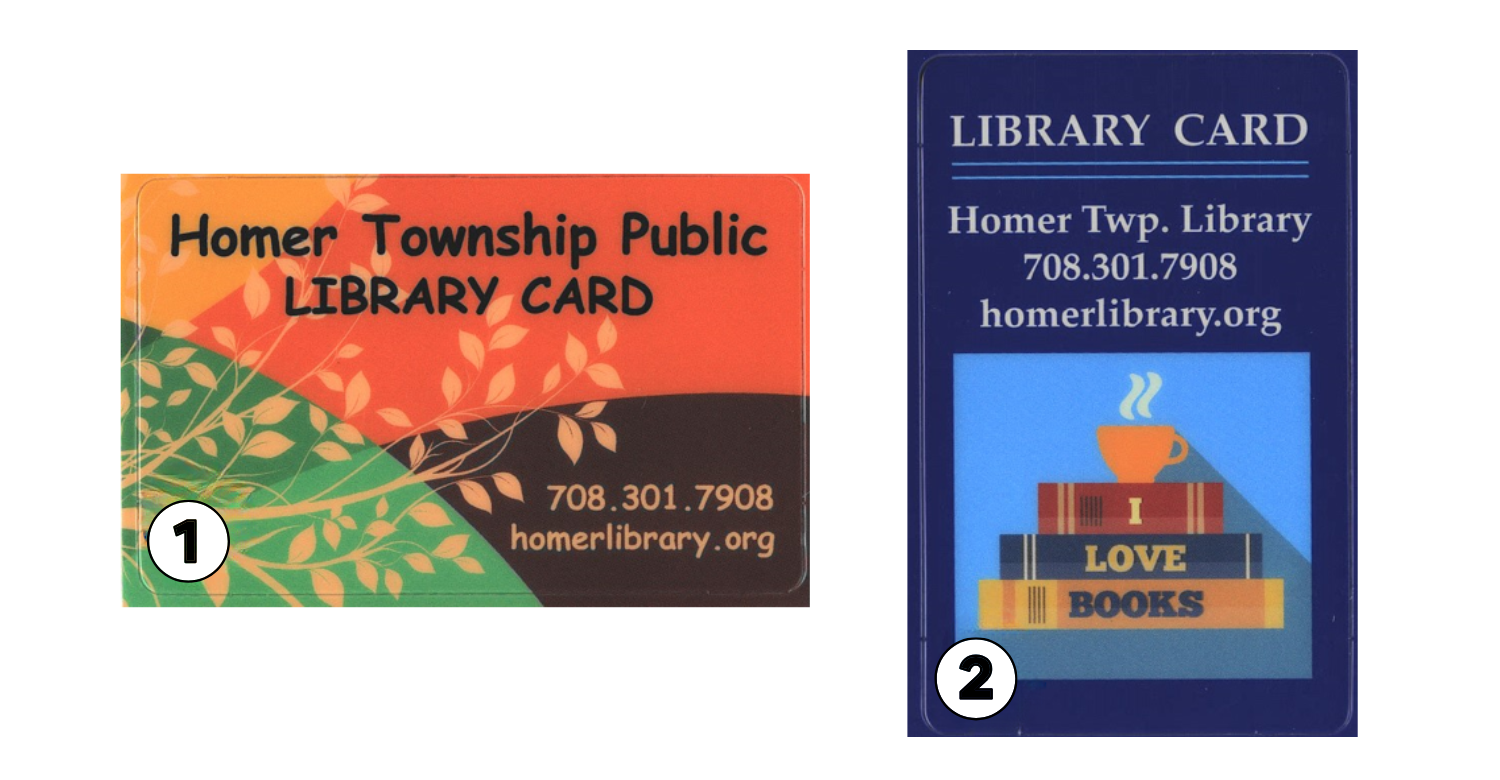 Two library cards. One of a tree with Fall colors, the other with three stacked books and a coffee cup. 