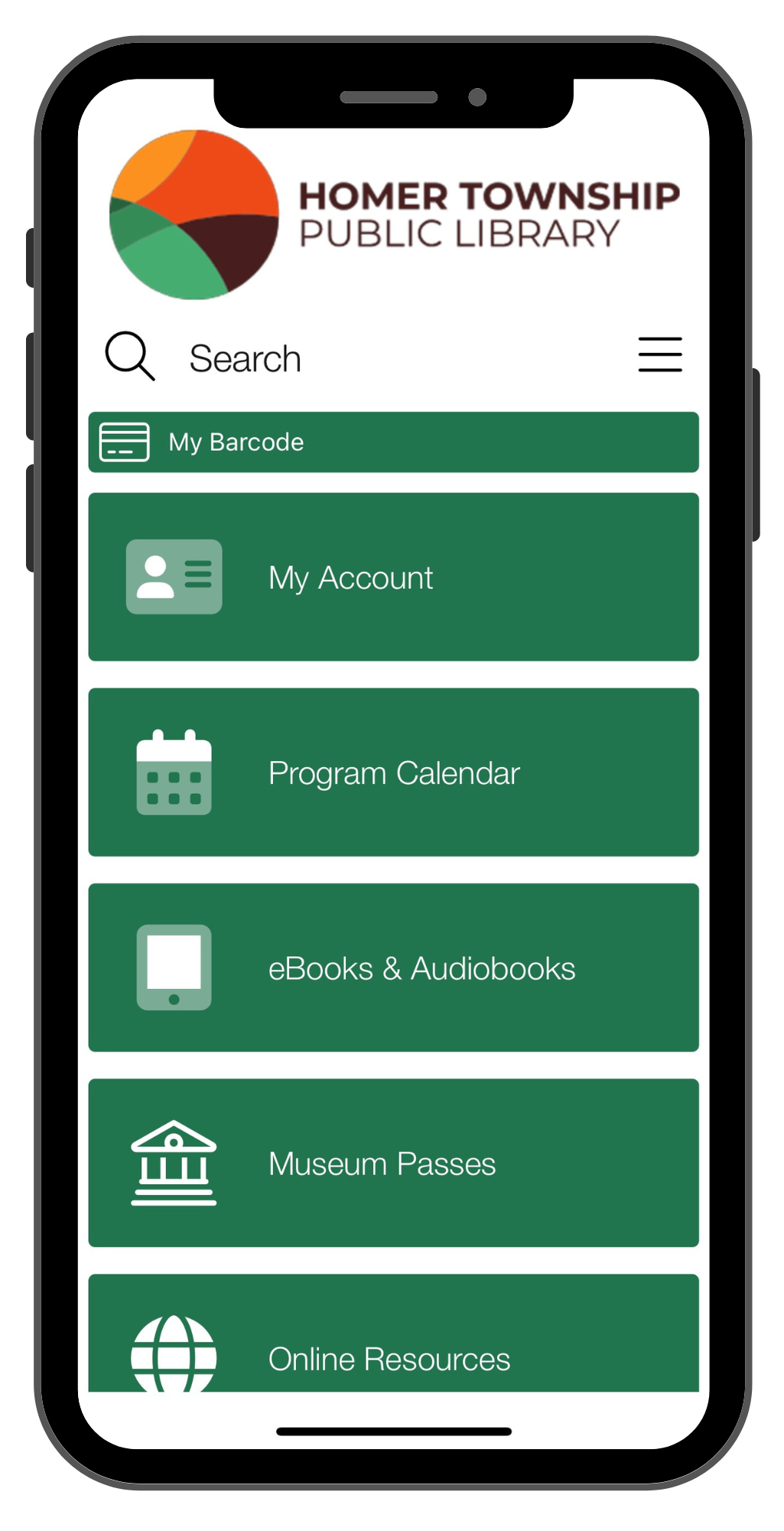 A phone screen that shows a library app with different options for my account, program calendar, ebooks and audiobooks, museum passes, and online resources. 