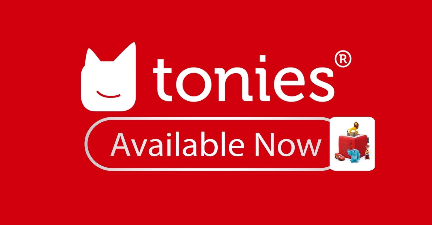"Tonies available now." Pictured are various Tonies cartoon characters and the device. 