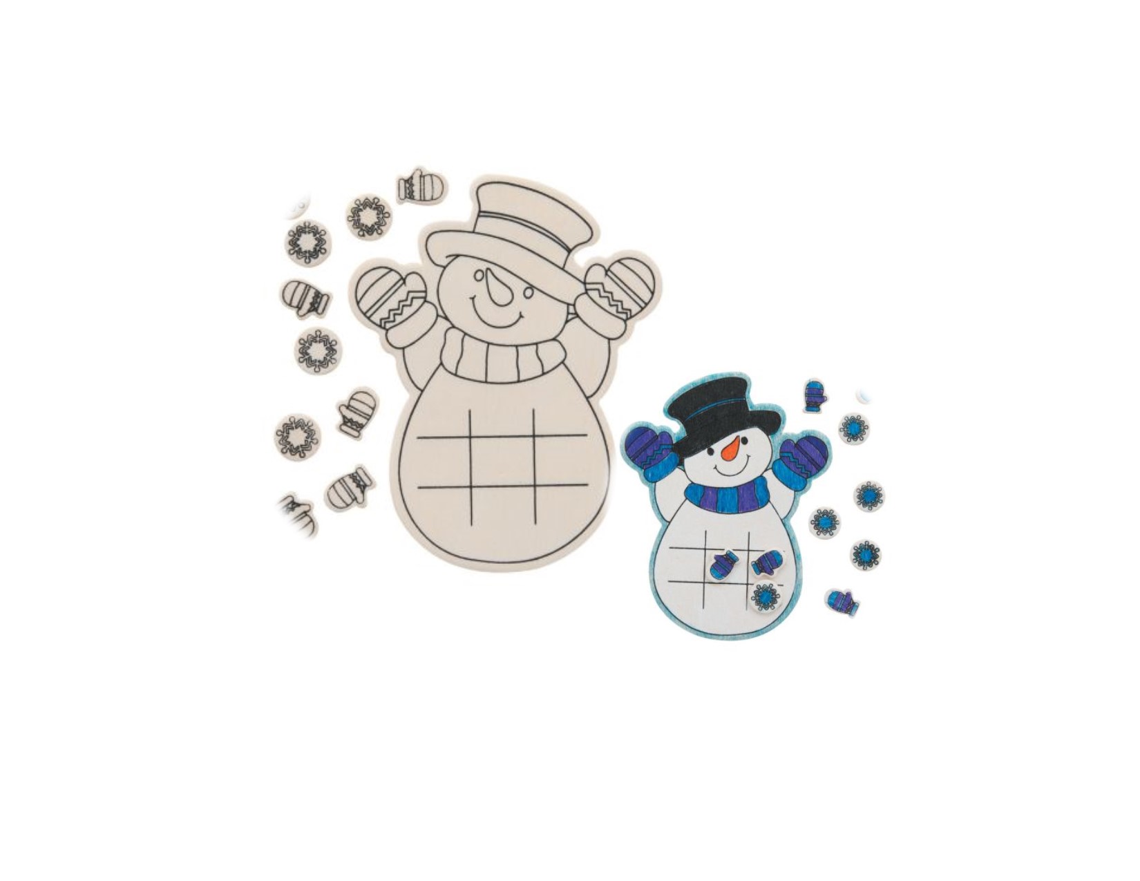 Two snowman tic-tac-toe craft pieces. One snowman and games pieces uncolored. One snowman and game pieces with blue, purple, white and black coloration.