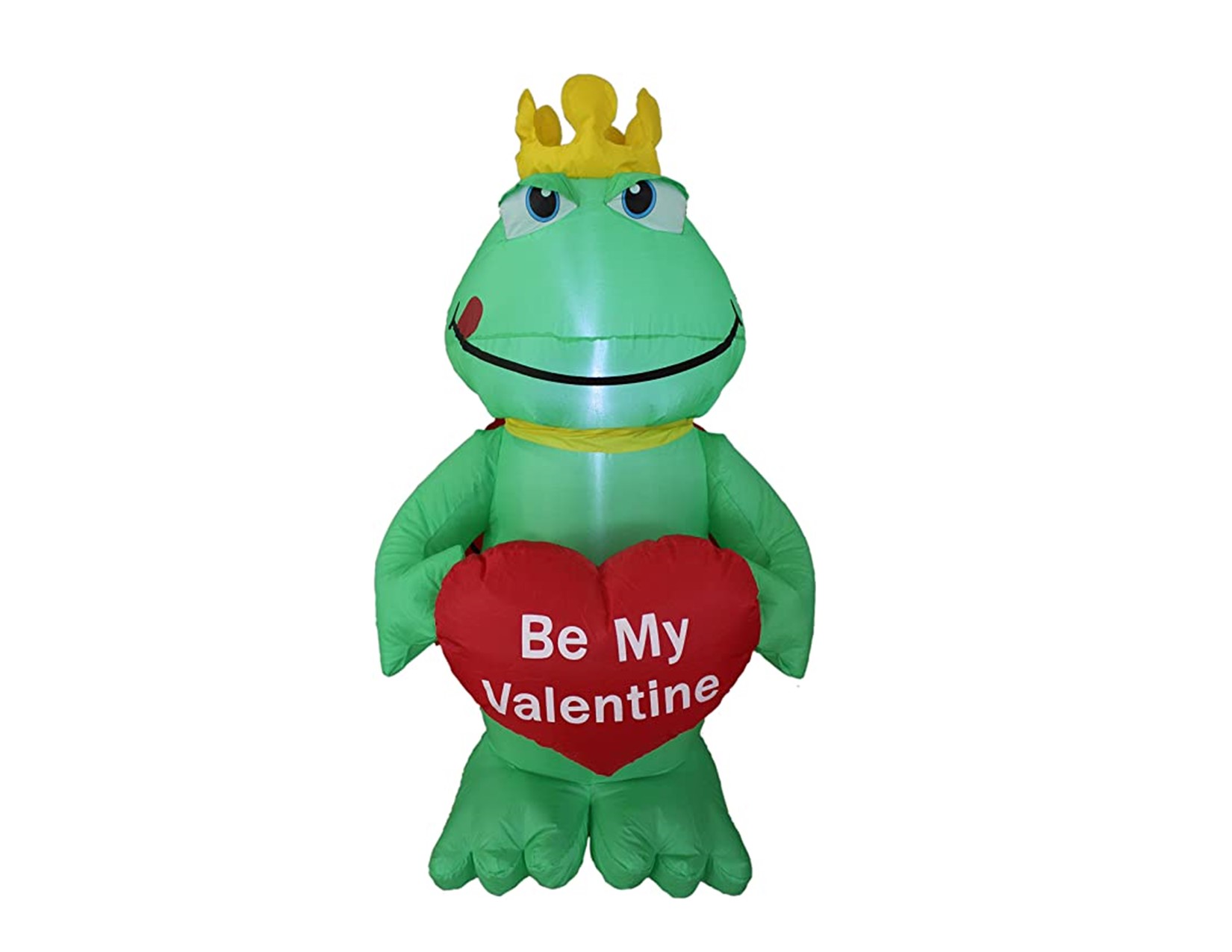 green inflatable frog with gold crown and holding a red heart that says "Be My Valentine"