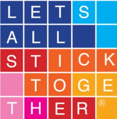 image of phrase "Let's All Stick Together" on a background of multi colored squares
