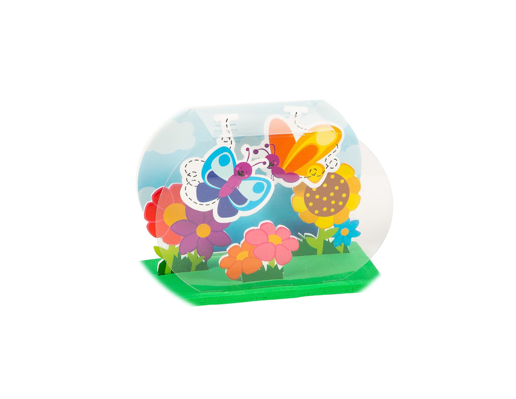 3D two multi colored butterflies and 6 flowers on a green foam stand