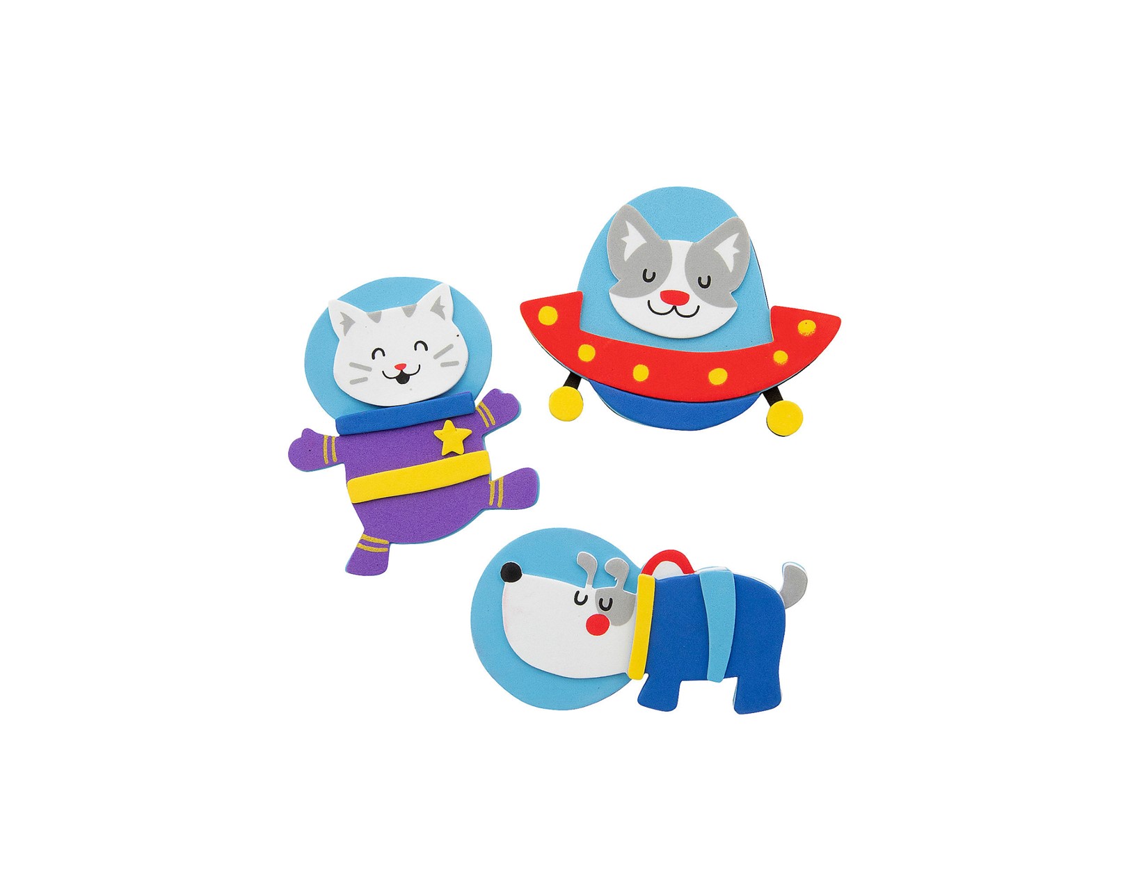 2 dogs and a cat foam craft, dressed for outer space