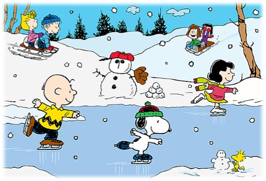 Peanuts characters ice skating outdoors and snowy scene