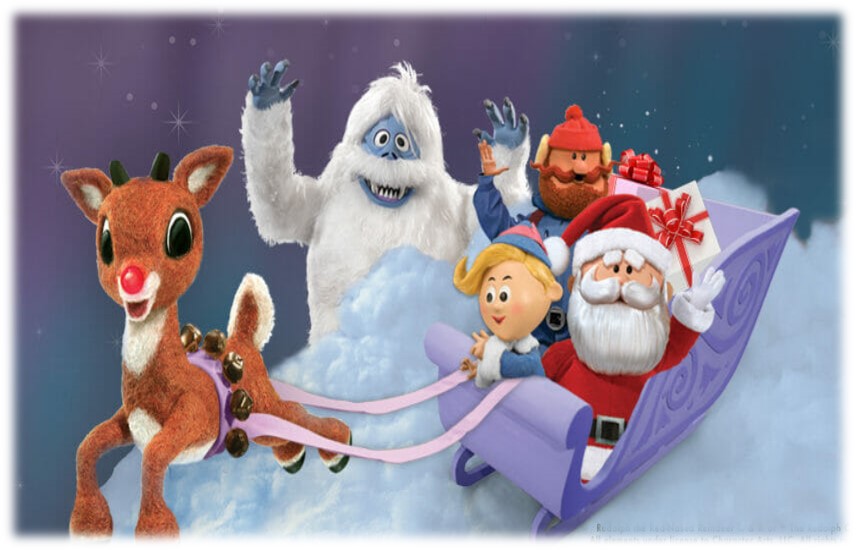 rudolph, abomindable snowman, santa, herbie and elves riding in a purple sleigh