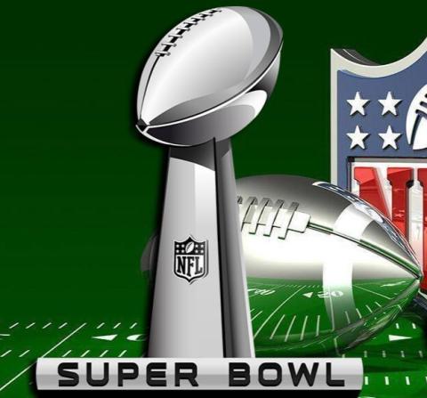 Super bowl trophy in front of a silver football in front of the NFL shield logo.