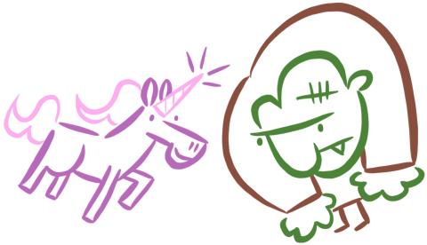 Drawing of a purple unicorn charging a Frankenstein monster outlined in brown and green. 