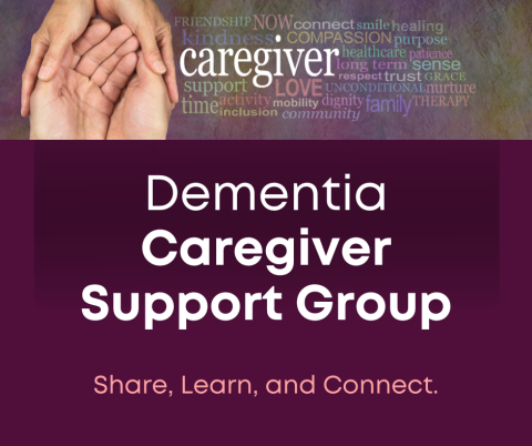Dementia Caregiver Support Group Plum colored background with two people holding hands 