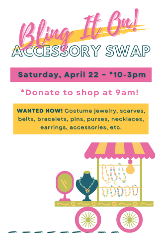 Pink and yellow cart with necklaces and other jewelry displayed on it. 