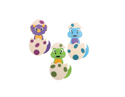 three white dino pop up egg crafts. one purple dino, one blue dino, one green dino