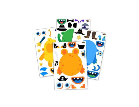 four sticker sheets of various colored monster parts