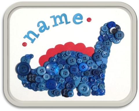 Long necked, long tail dinosaur silhouette made with blue buttons glued on canvas. 