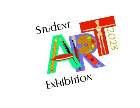 the word art make from green, blue and red lettering decorated with art supply images