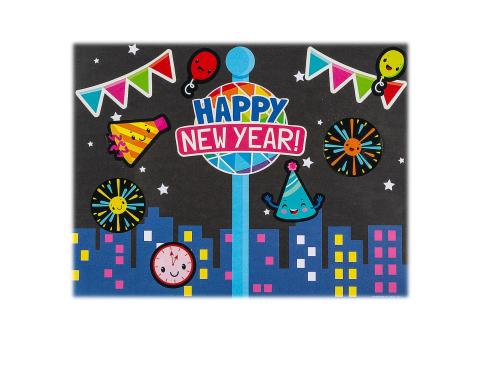 blue skyline on black background with Time's Square ball drop, fireworks, clock, and party decorations.