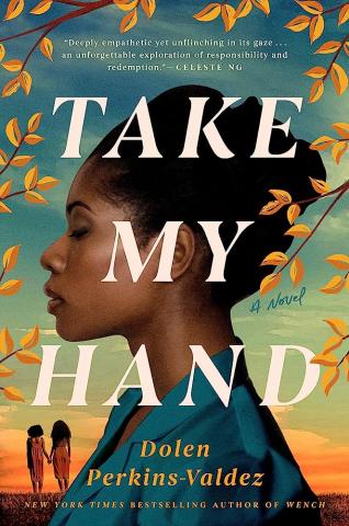 Woman standing with her eyes closed. In the background is two young girls holding hands, looking into the distance.