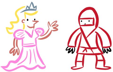 Drawing of a princess in a pink gown with a silver tiara and blond hair. Standing across from her in a ninja dressed in red. 