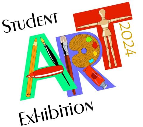 Student art exhibition 2024. The A is made of a pencil, marker and brush. The R is made with a paint palette, tube of paint and brush. The T is made with a wooden figure posed as the letter. 