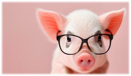 Pink piglet wearing black, framed glasses set in a pink background.