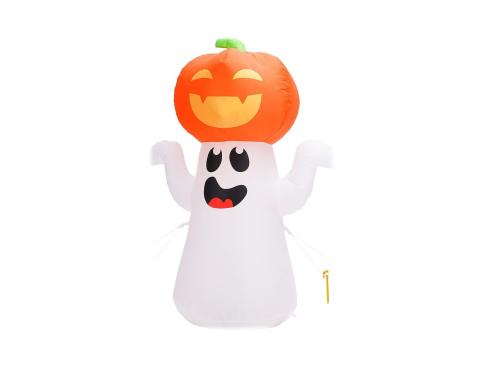 white ghost balancing a smiling jack-o-lantern on it's head