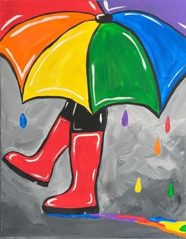 Colorful umbrella with a person holding it. Only the person's black pants and red rain boots show below the umbrella. 