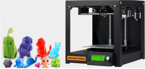 3D printer with assorted toys in different colors.