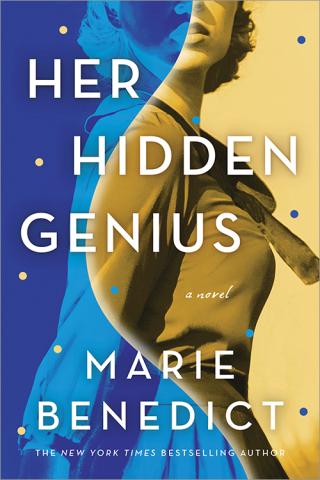 Picture of Book Cover for "Hidden Genius" by Marie Benedict. Image is blue and yellow with a woman looking over her shoulder. 