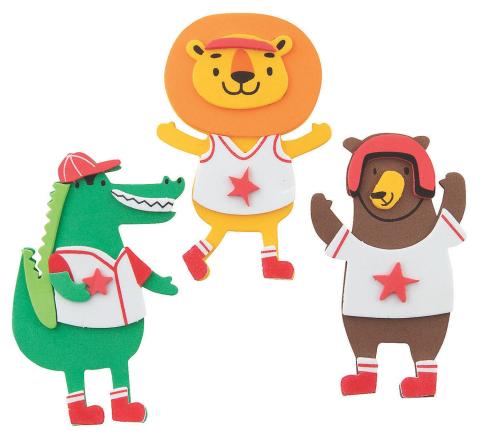 Foam Alligator, Lion and Bear in sporty gear.