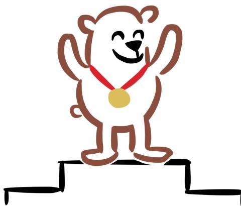 Smiling brown bear standing on podium with a gold medal.