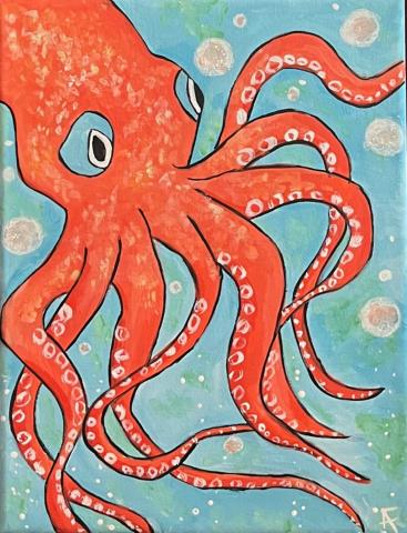 Orange Octopus swimming in blue water with bubbles.