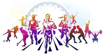 A group of athletes running with athletes in background doing different sports. 