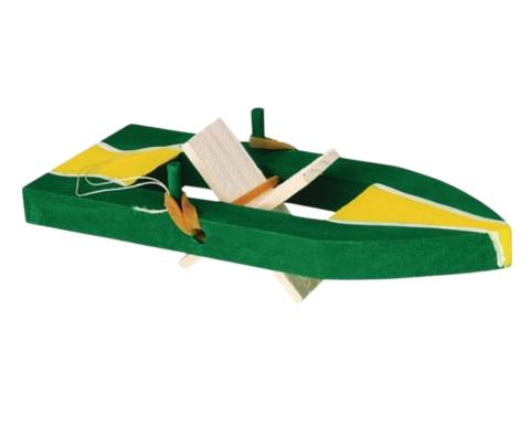 Green and yellow wood boat.