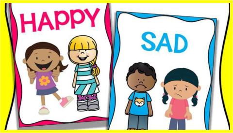 A happy card with two girls smiling and a sad card with a boy and a girl frowning.