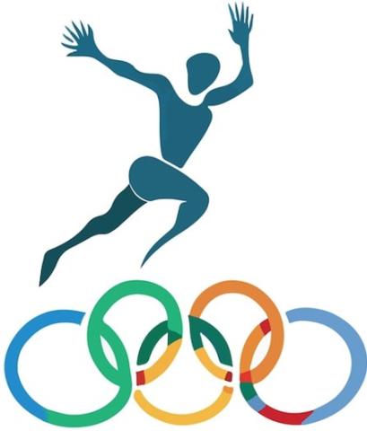 Human leaping over Olympic rings.