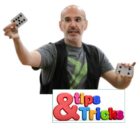 Male magician with deck of cards and tips and tricks written underneath. 