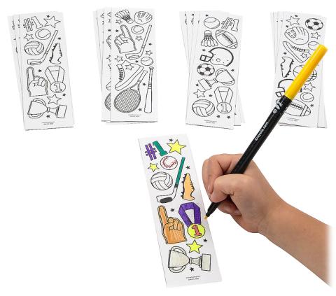 A hand coloring sports bookmark with a yellow marker. 