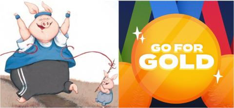 Tall pig dressed in athletic gear running through finish line held by a smaller pig in overalls. Go for Gold Medal with a blue ribbon and red and green ribbon.