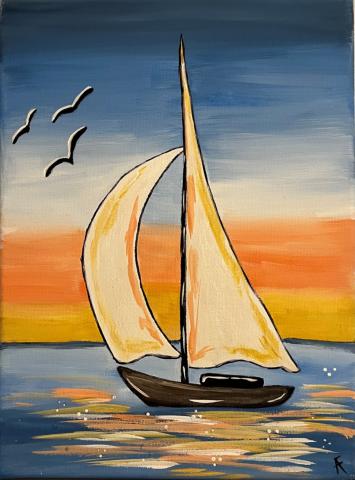 Painted sailboat sailing in the sunset with 3 birds.
