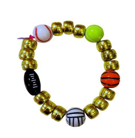 Gold beaded bracelet with tennis ball, basketball, soccer ball, football, and baseball beads. 