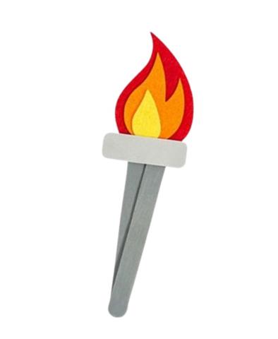 Olympic torch craft with yellow, orange, red flames and two gray popsicle sticks. 