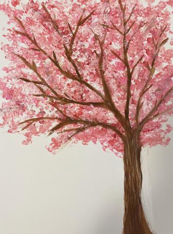 Painting of a pink cherry blossom tree.