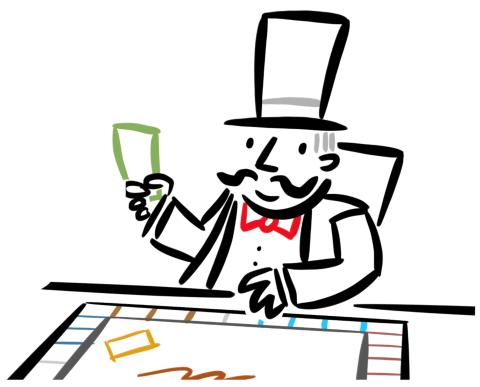 Line drawing of a man in a top hat and suit holding a green rectangle, sitting in a chair in front of a table with a board game on it. 