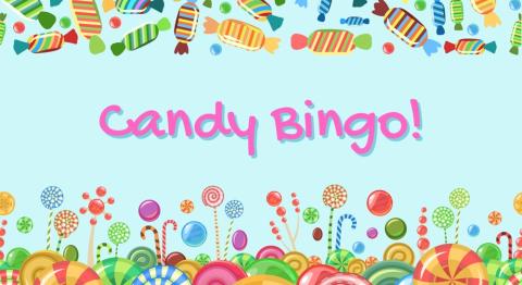 Light blue background with Candy Bingo! written in pink. Candy borders on top and bottom. 