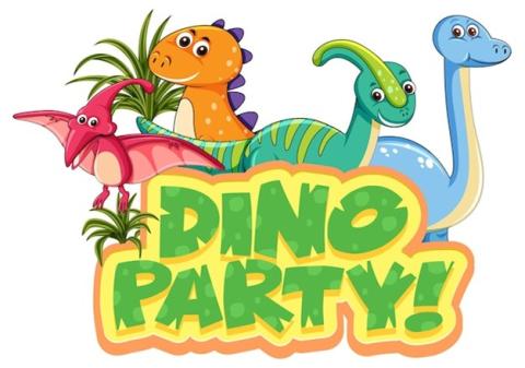 Dino party in green letters. 4 dinosaurs standing behind the letters. A red pterodactyl, orange and purple t-rex, teal and green dinosaur and a blue and yellow sauropod. 