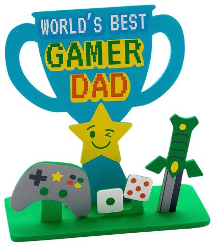 Blue trophy with World's Best Gamer Dad written on it. Yellow star at base with two dice, game controller and sword. 